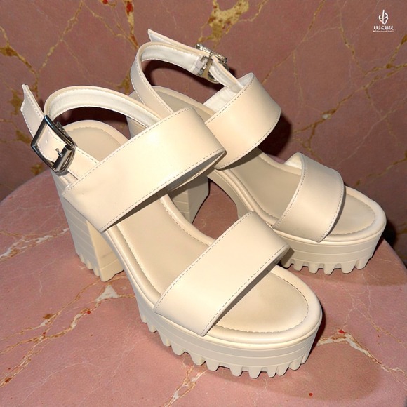 Molliwater Shoes - 6.5 37 Cream Platform Chunky Heel Sandals Ankle Strap Shoes Ivory Retro Vegan